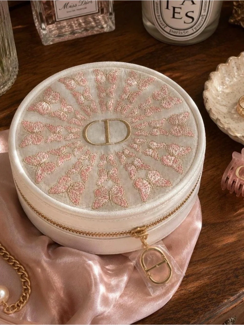 Dior Round Embroidered Butterfly Coin Case in Pink & Cream with Gold Accent